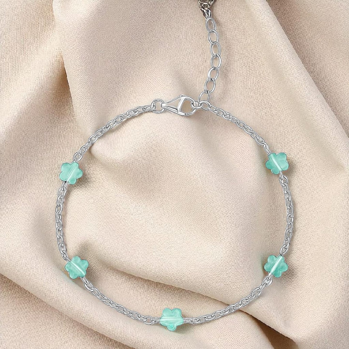 Silver Anklet with Blue Glass Flower Beads (Pair)