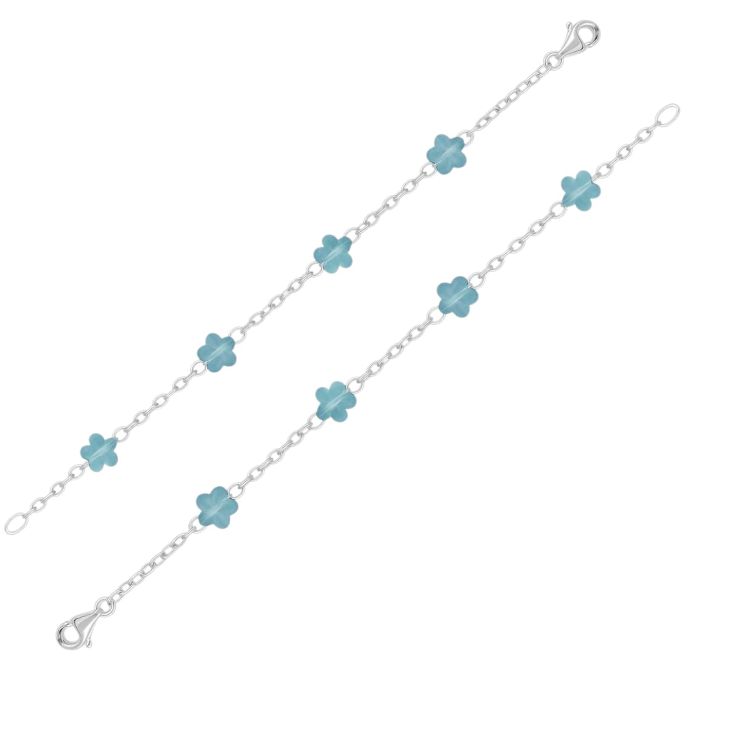 Silver Anklet with Blue Glass Flower Beads (Pair)