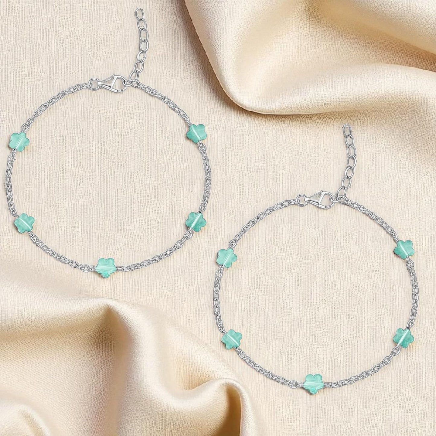 Silver Anklet with Blue Glass Flower Beads (Pair)