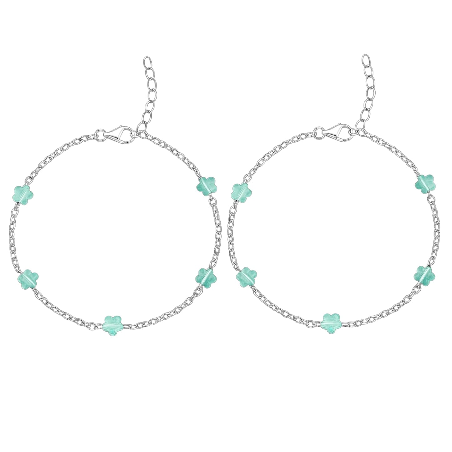 Silver Anklet with Blue Glass Flower Beads (Pair)