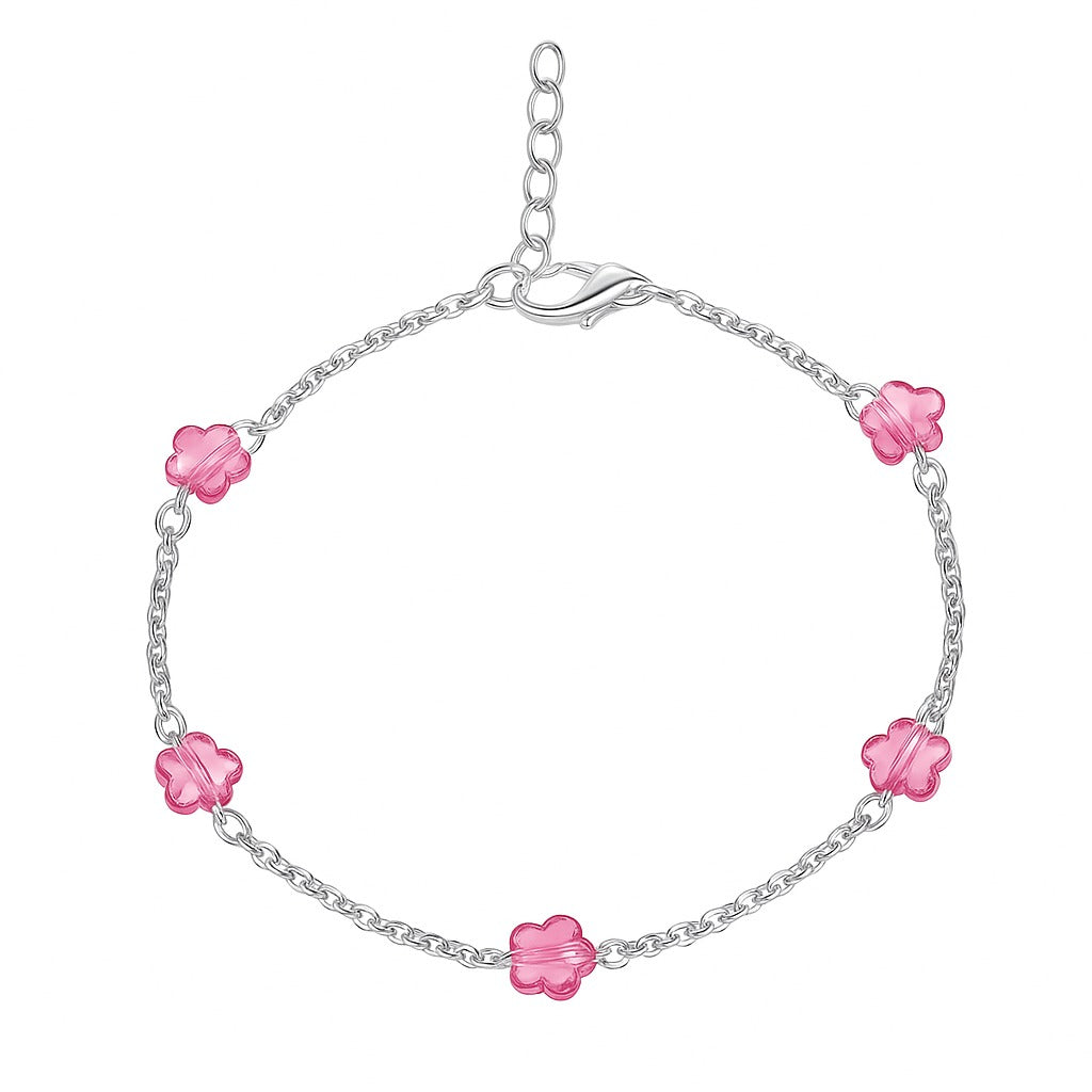 Silver Anklet with Pink Glass Flower Beads (Pair)