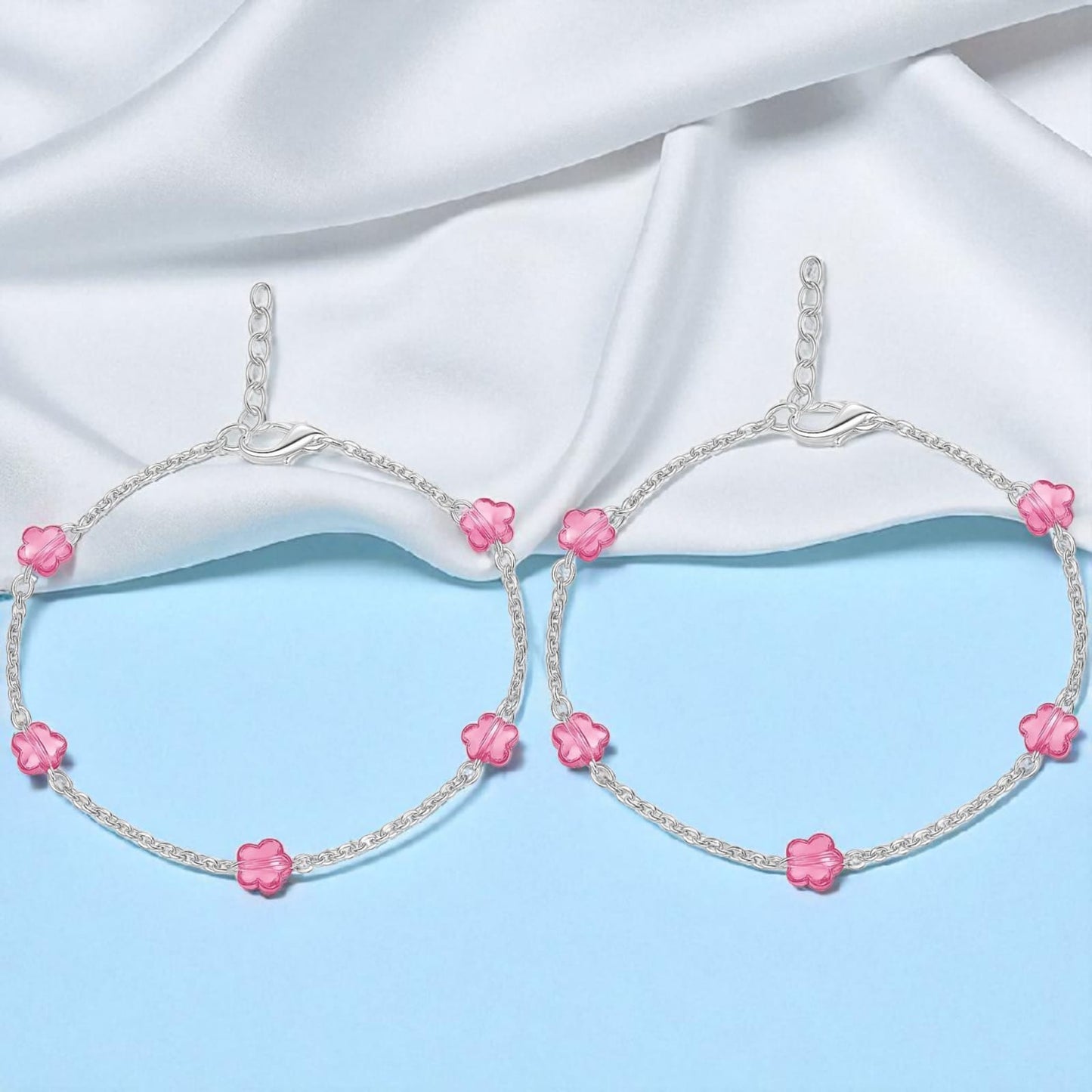 Silver Anklet with Pink Glass Flower Beads (Pair)
