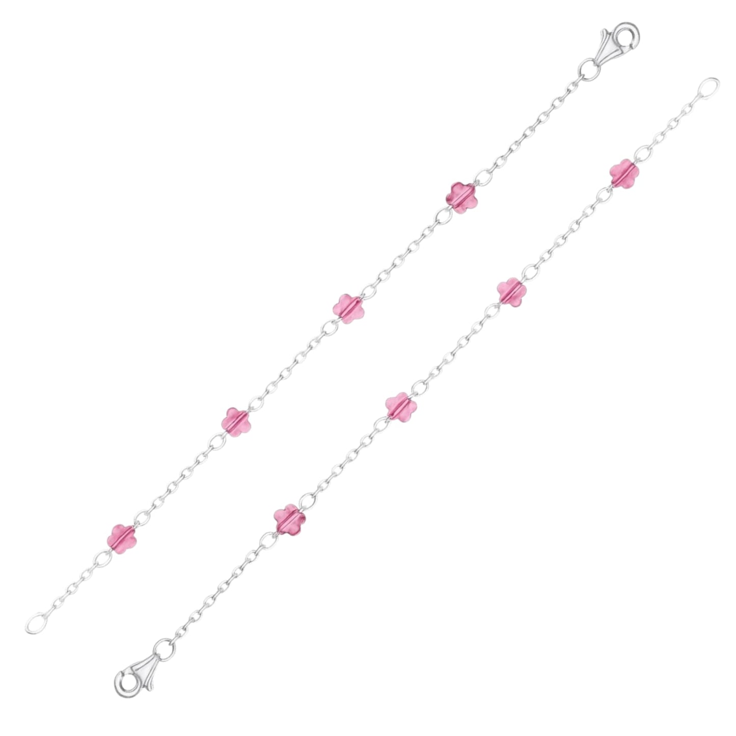 Silver Anklet with Pink Glass Flower Beads (Pair)