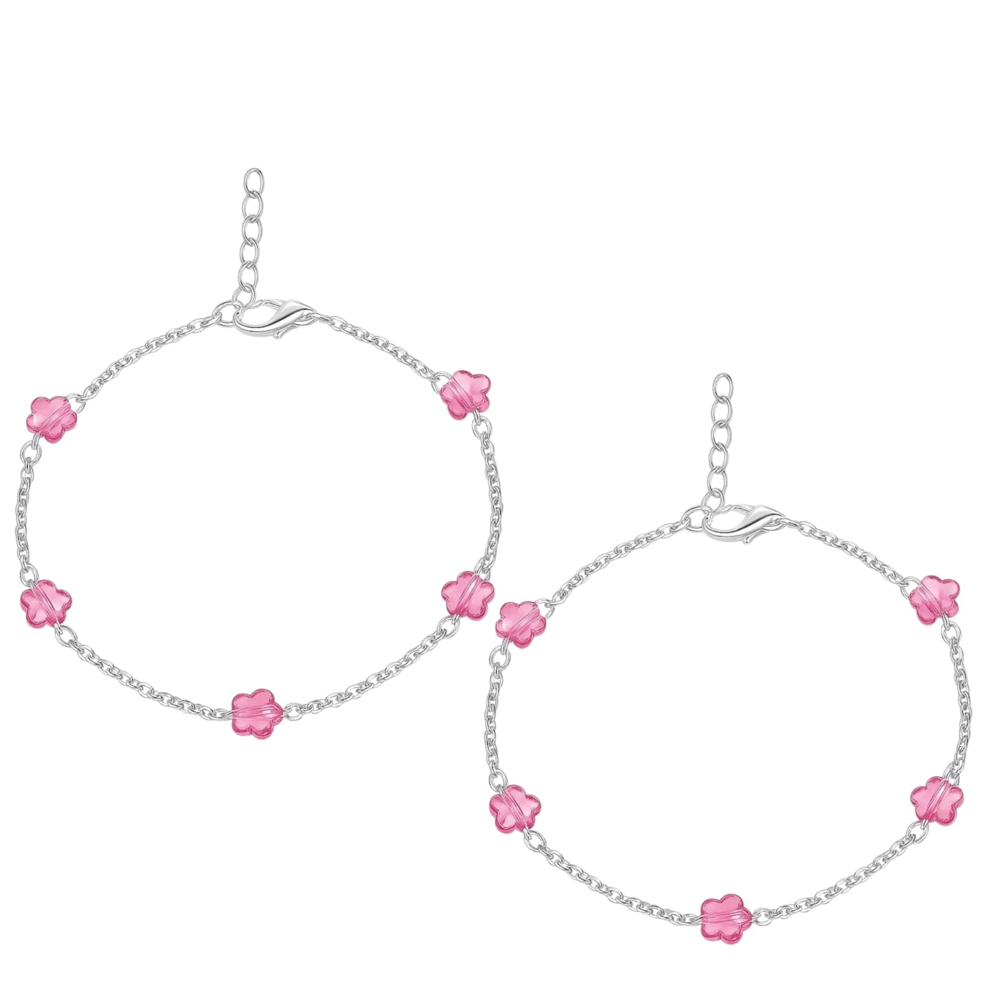 Silver Anklet with Pink Glass Flower Beads (Pair)