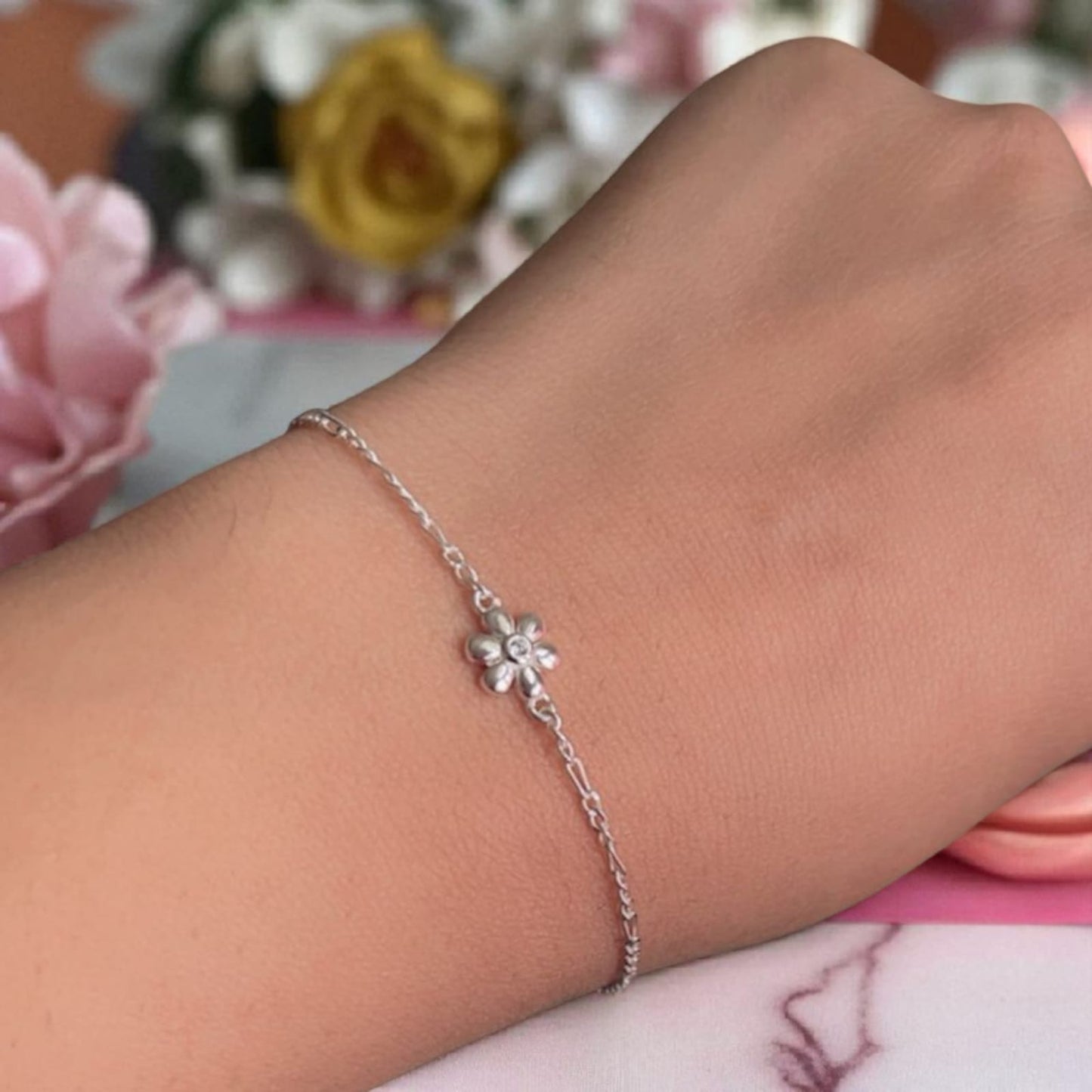Silver Bracelet with Flower Charm