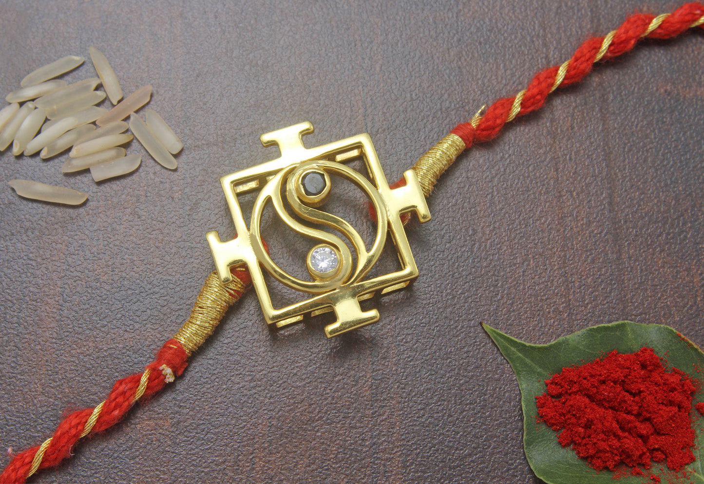 925 Sterling Silver 24kt Gold Plated Lakshmi Yantra Ying Yang Rakhi Cum Pendant for Brother