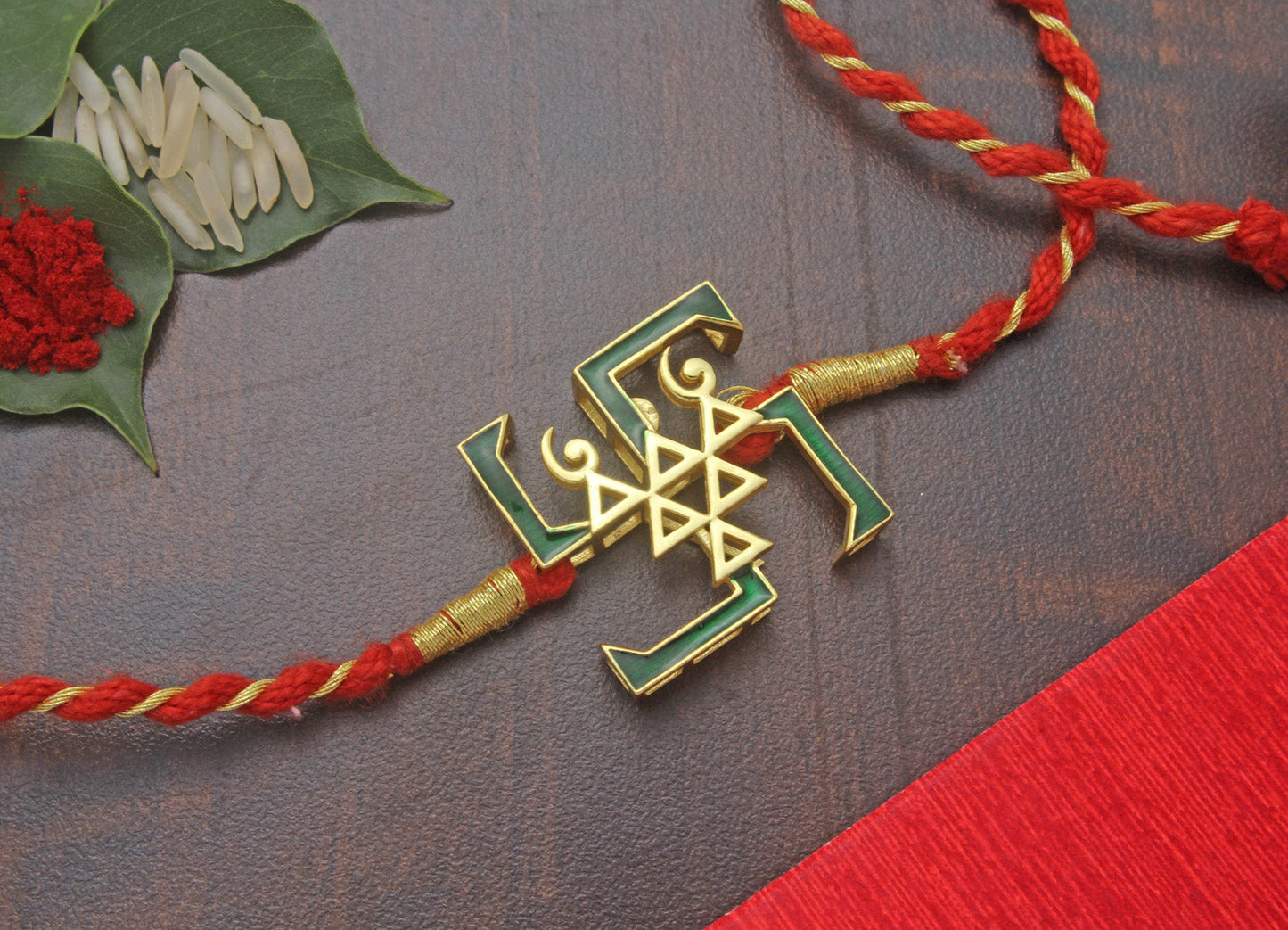 925 Sterling Silver 24kt Gold Plated Swastik and Saraswati Yantra Rakhi cum Pendant for Brother
