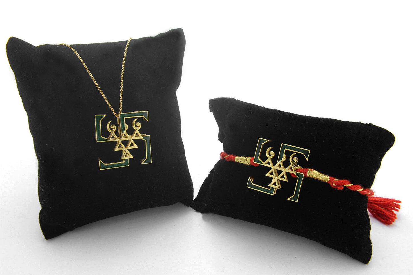 925 Sterling Silver 24kt Gold Plated Swastik and Saraswati Yantra Rakhi cum Pendant for Brother