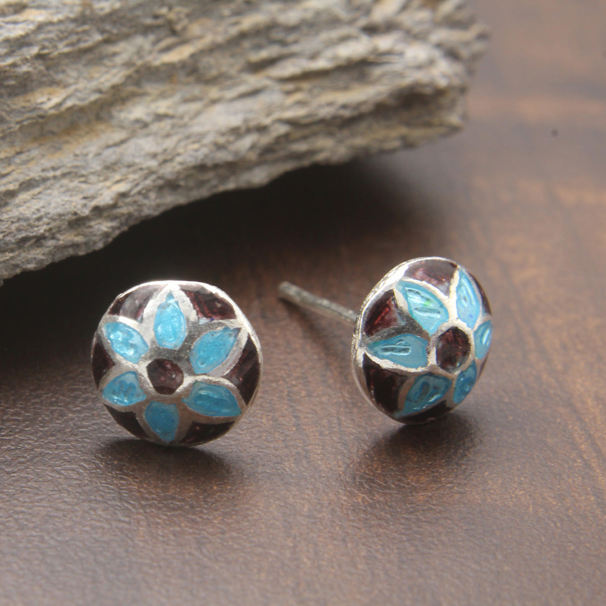925 Sterling Silver Blue And Wine Flower Earring Stud For Girls And Women