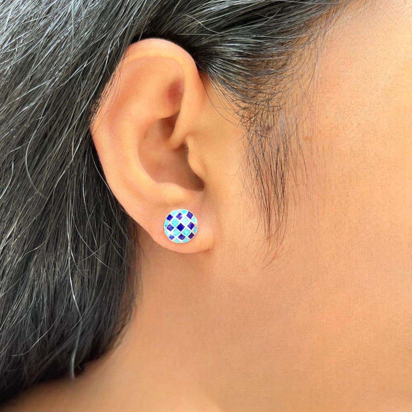 925 Sterling Silver Light Blue And Dark Blue Check Design Earring Stud For Girls And Women