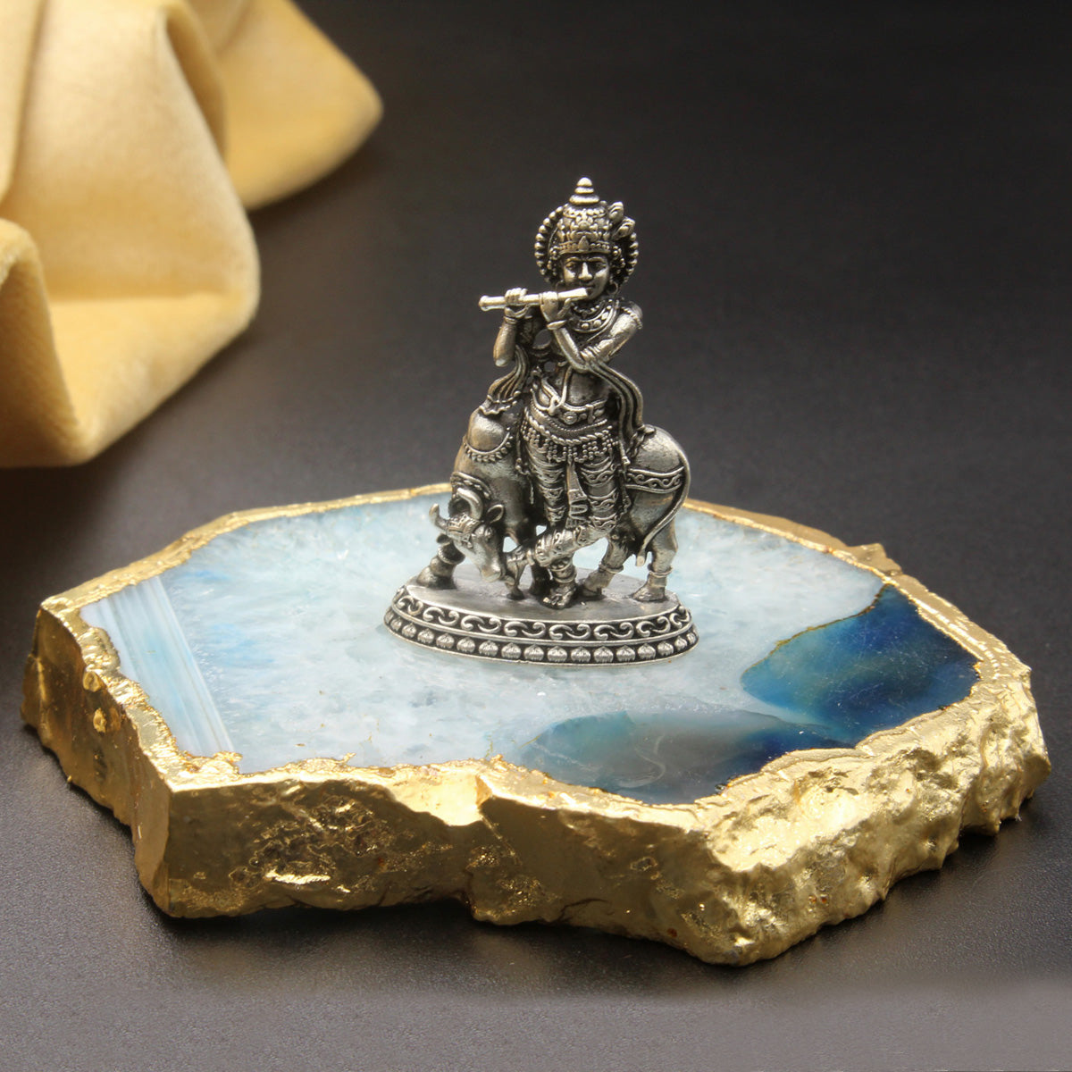 925 Sterling Silver Lord Krishna Ji With Cow Idol