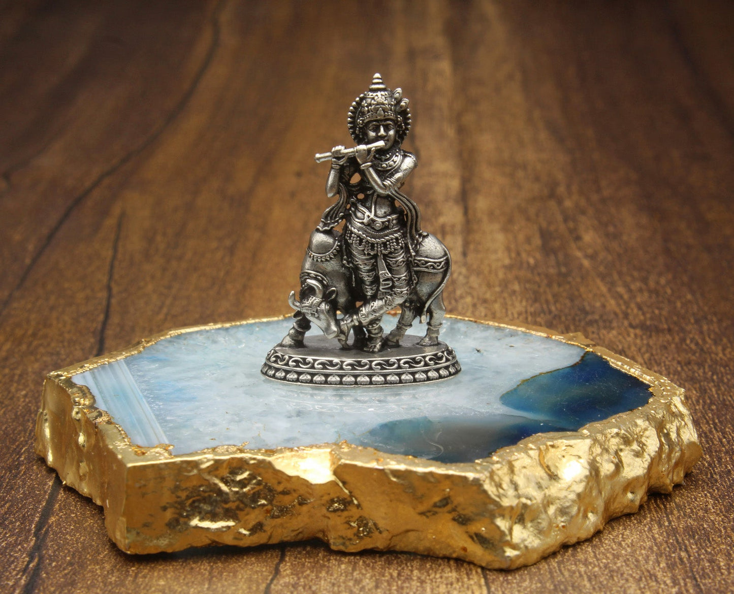 925 Sterling Silver Lord Krishna Ji With Cow Idol