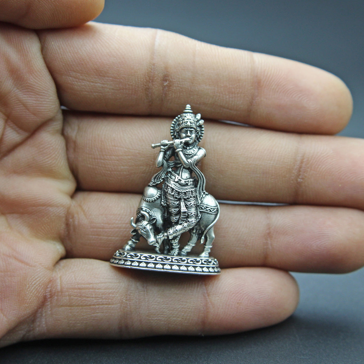 925 Sterling Silver Lord Krishna Ji With Cow Idol