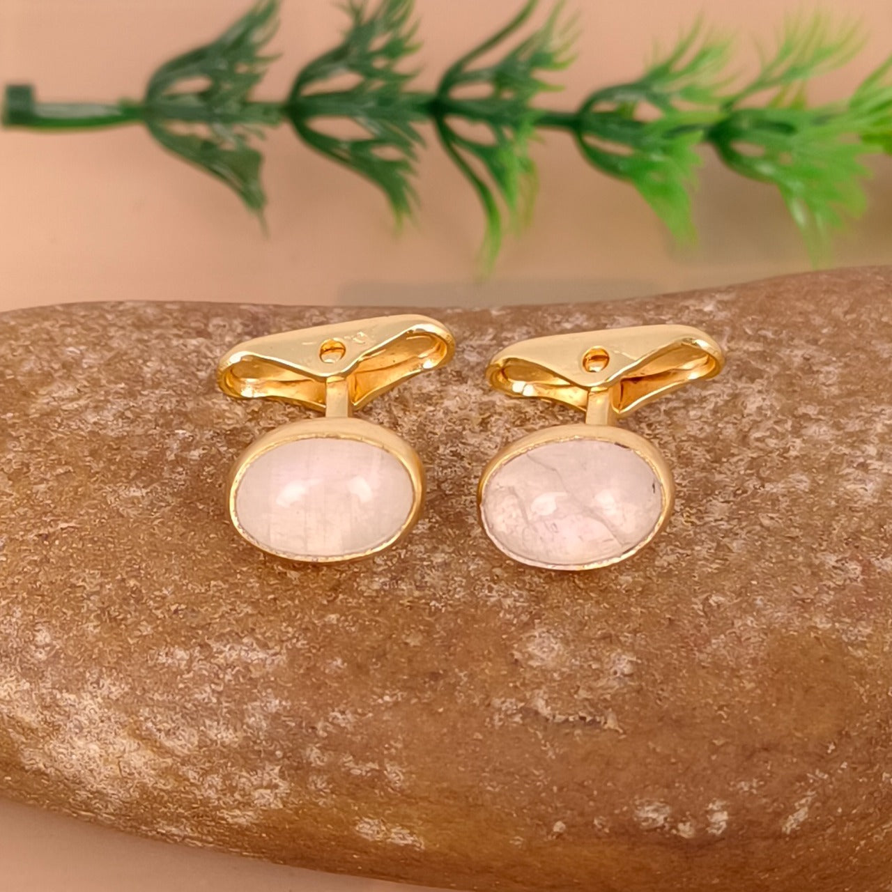 925 Sterling Silver 24kt Gold Plated White Natural stone Cufflinks for Men