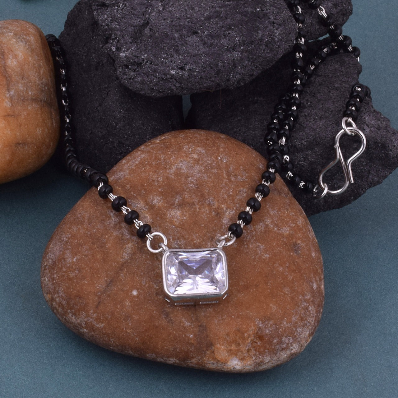 925 Sterling Silver Rectangle Stone Mangalsutra For Women