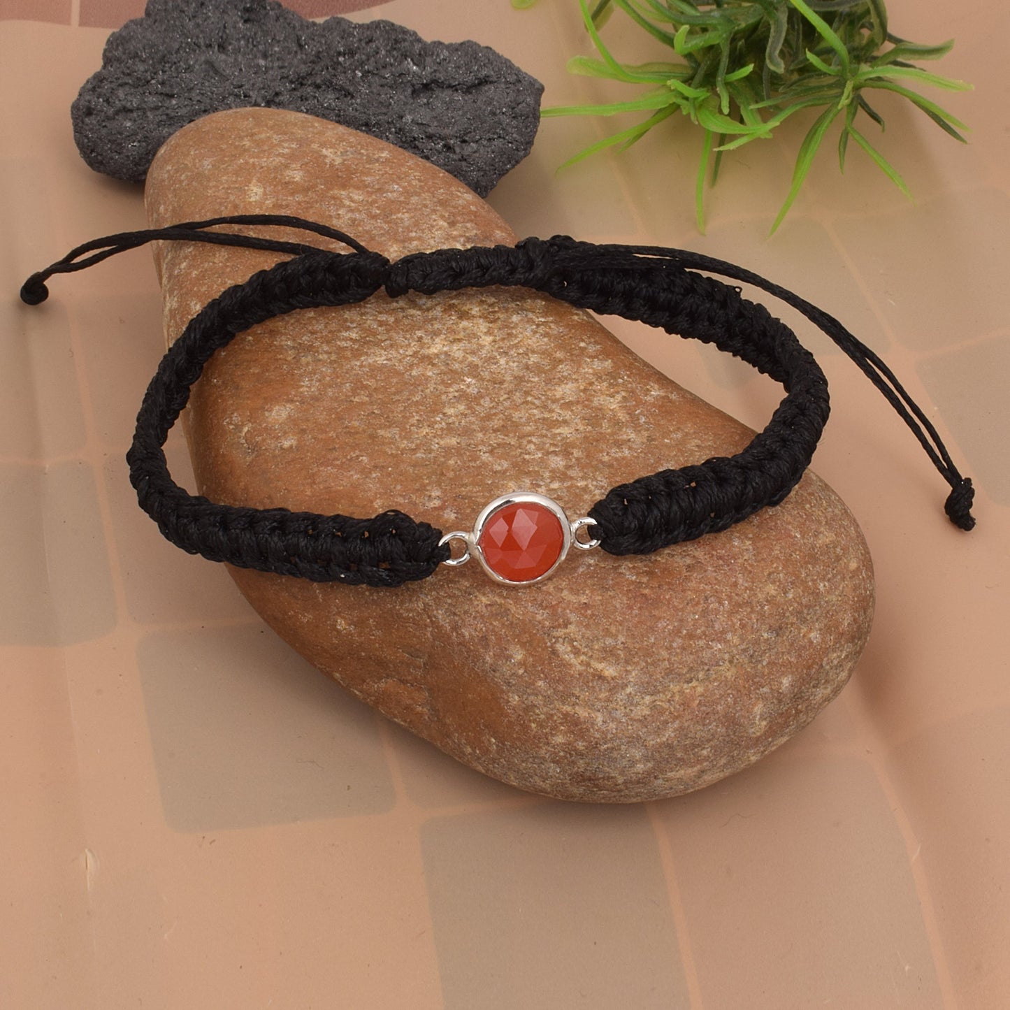 925 Sterling Silver Semi Precious Garnet Birth Stone Black Bracelet