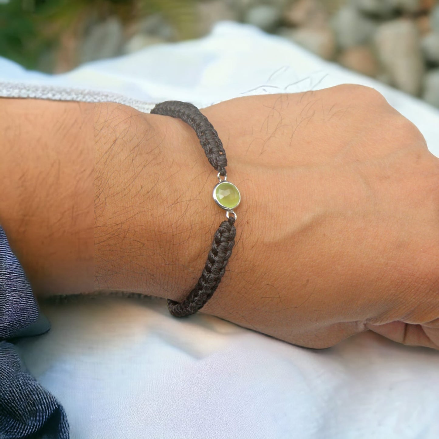 925 Sterling Silver Semi Precious Peridot Birth Stone Black Bracelet