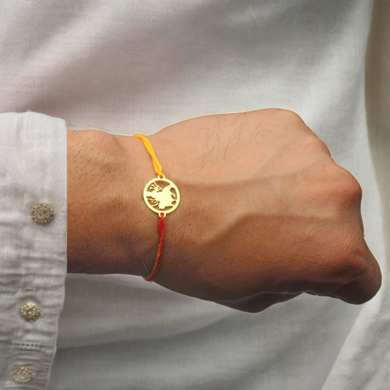 925 Sterling Silver 24kt Gold Plated Laser cut Maa Durga Sherawali Rakhi For Brother