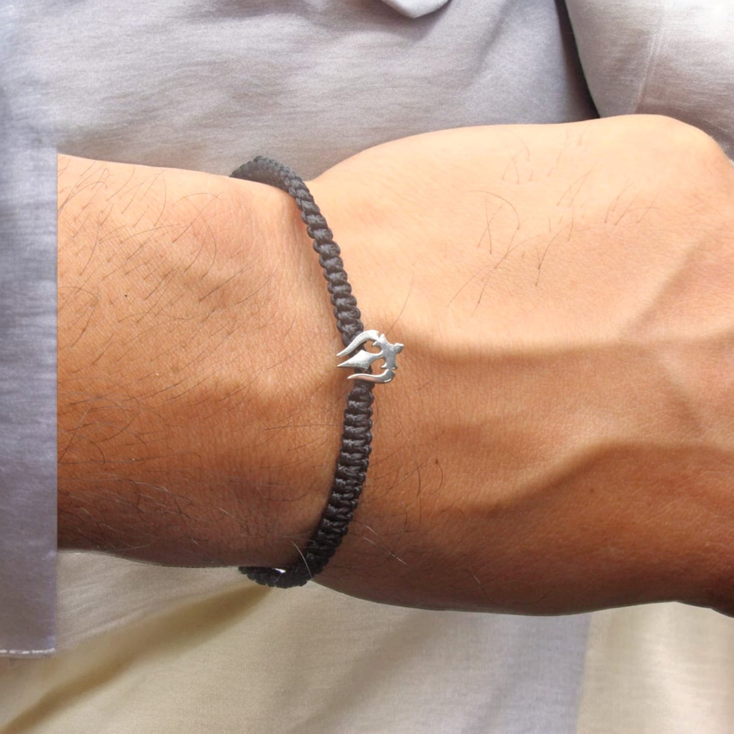 925 Sterling Silver Trishul Bracelet in Black Thread