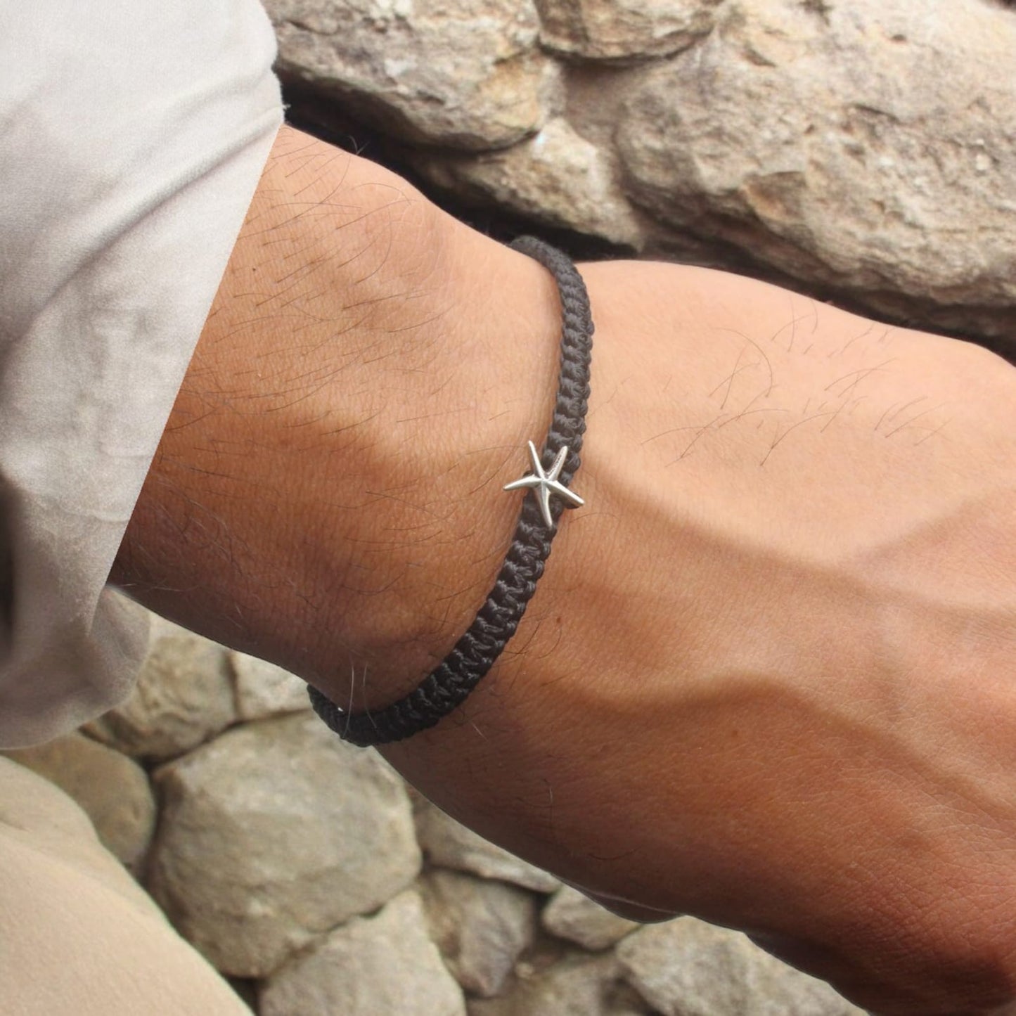 925 Sterling Silver Star Charm Bracelet in Black Thread