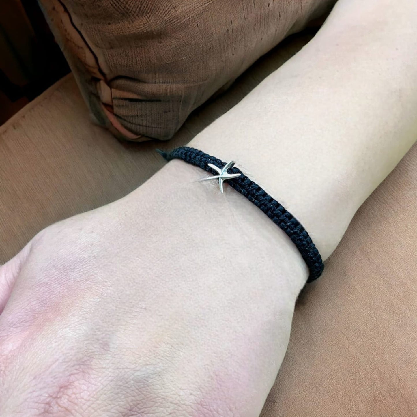 925 Sterling Silver Star Charm Bracelet in Black Thread