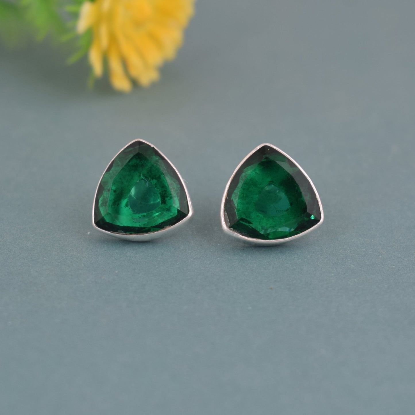925 Sterling Silver Triangle Emerald Stone Earring Studs For Girls And Women