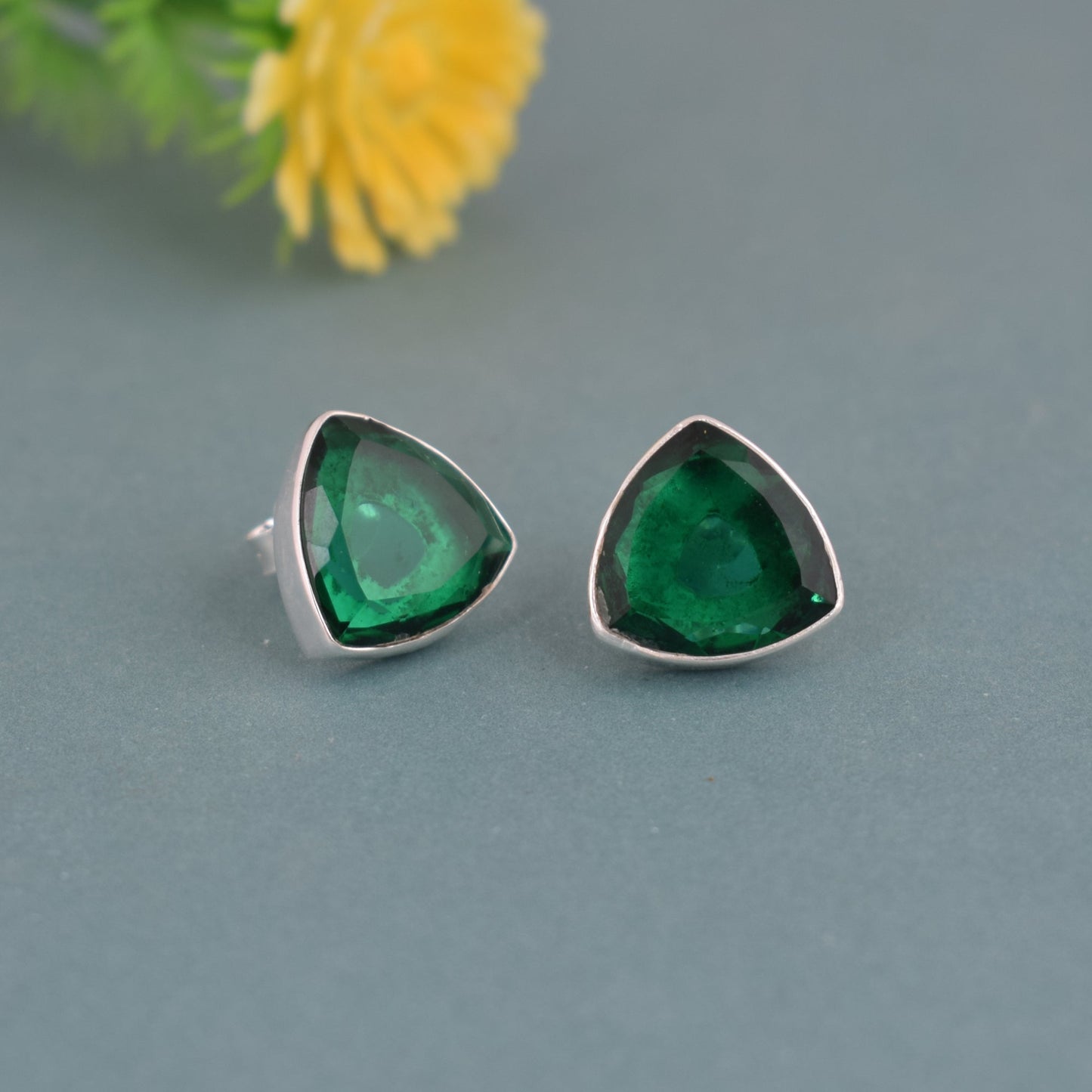 925 Sterling Silver Triangle Emerald Stone Earring Studs For Girls And Women