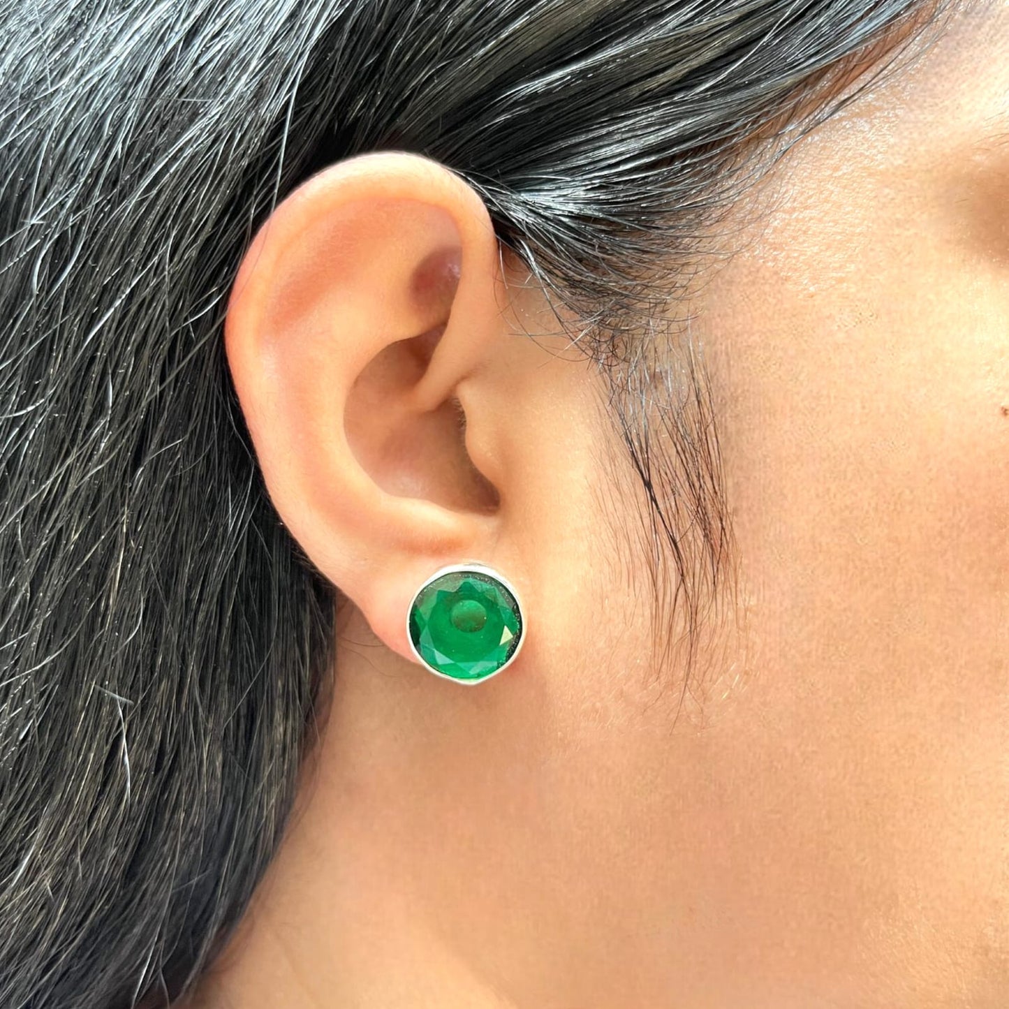 925 Sterling Silver Emerald Stone Round Shape Earring Studs For Girls And Women