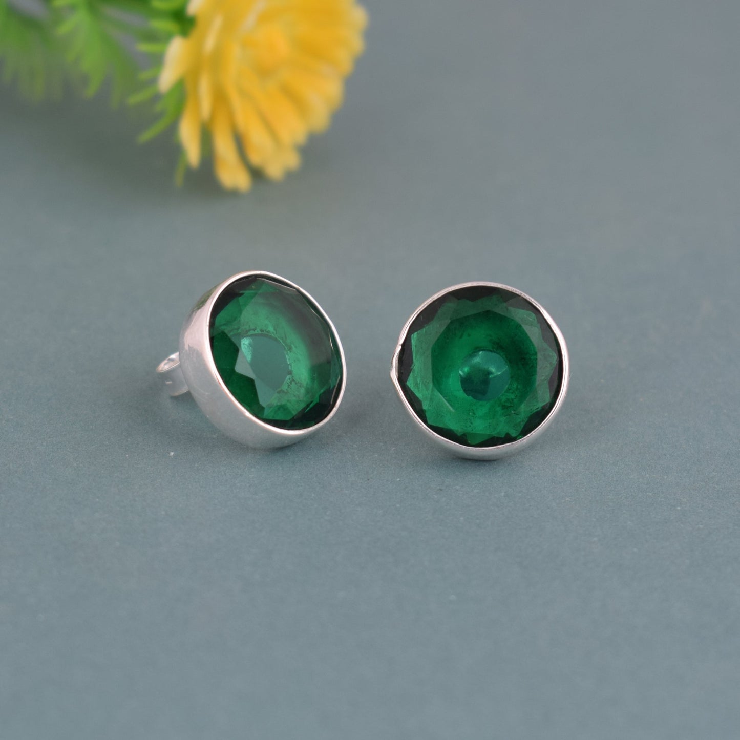925 Sterling Silver Emerald Stone Round Shape Earring Studs For Girls And Women