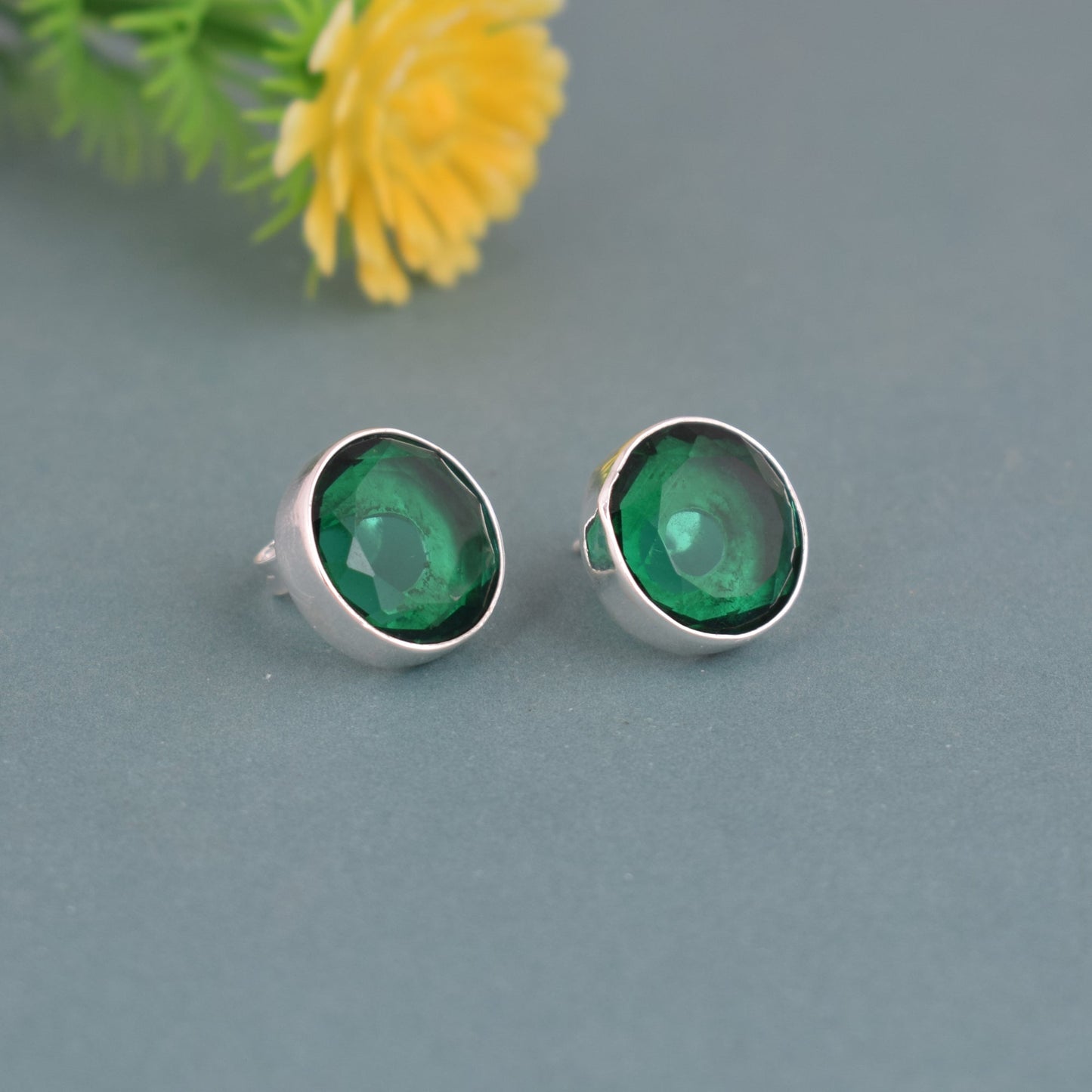 925 Sterling Silver Emerald Stone Round Shape Earring Studs For Girls And Women