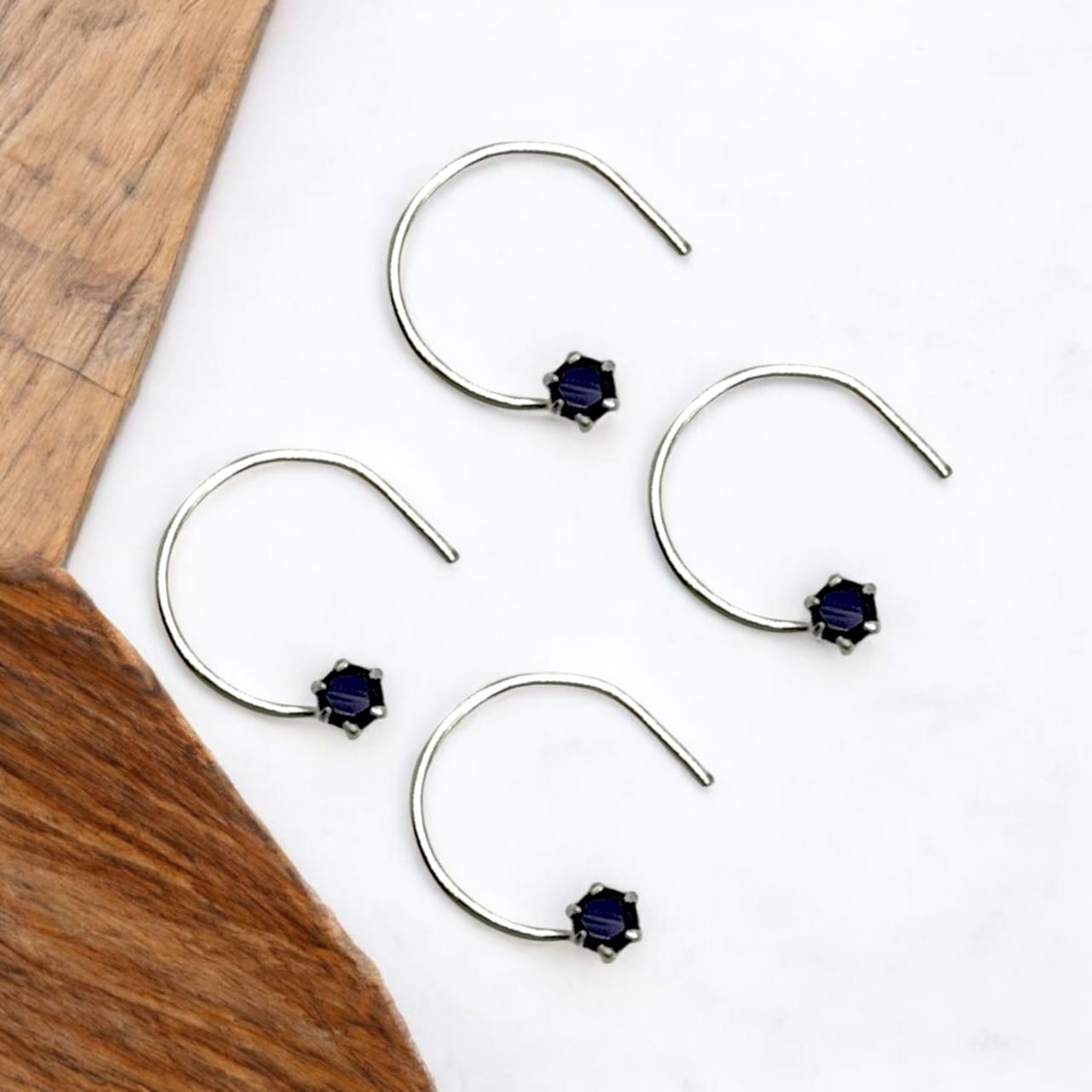 CZ Rhodium Plated Black Stone Nose Pin With Wire
