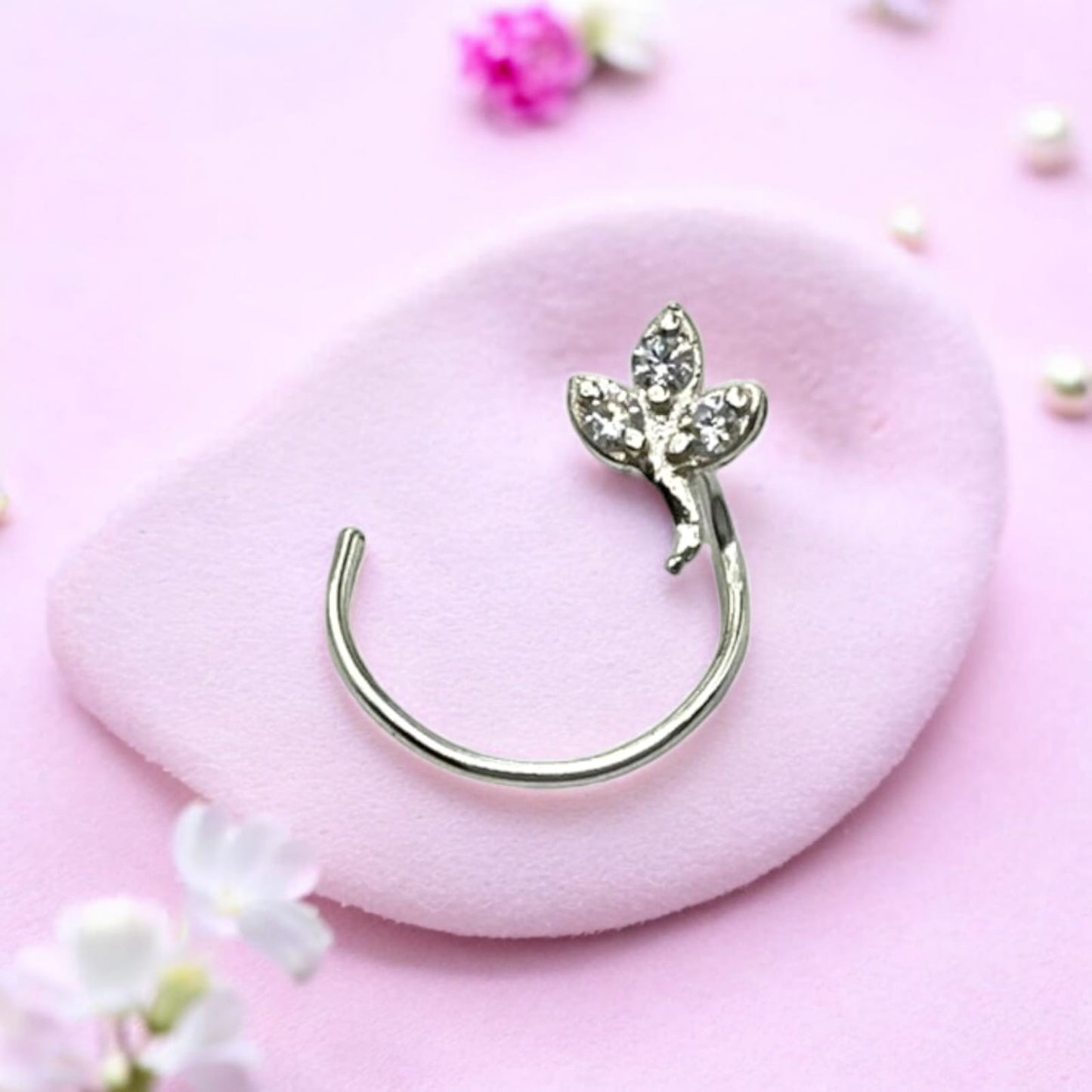 CZ Rhodium Plated Leaf Petals Nose Pin