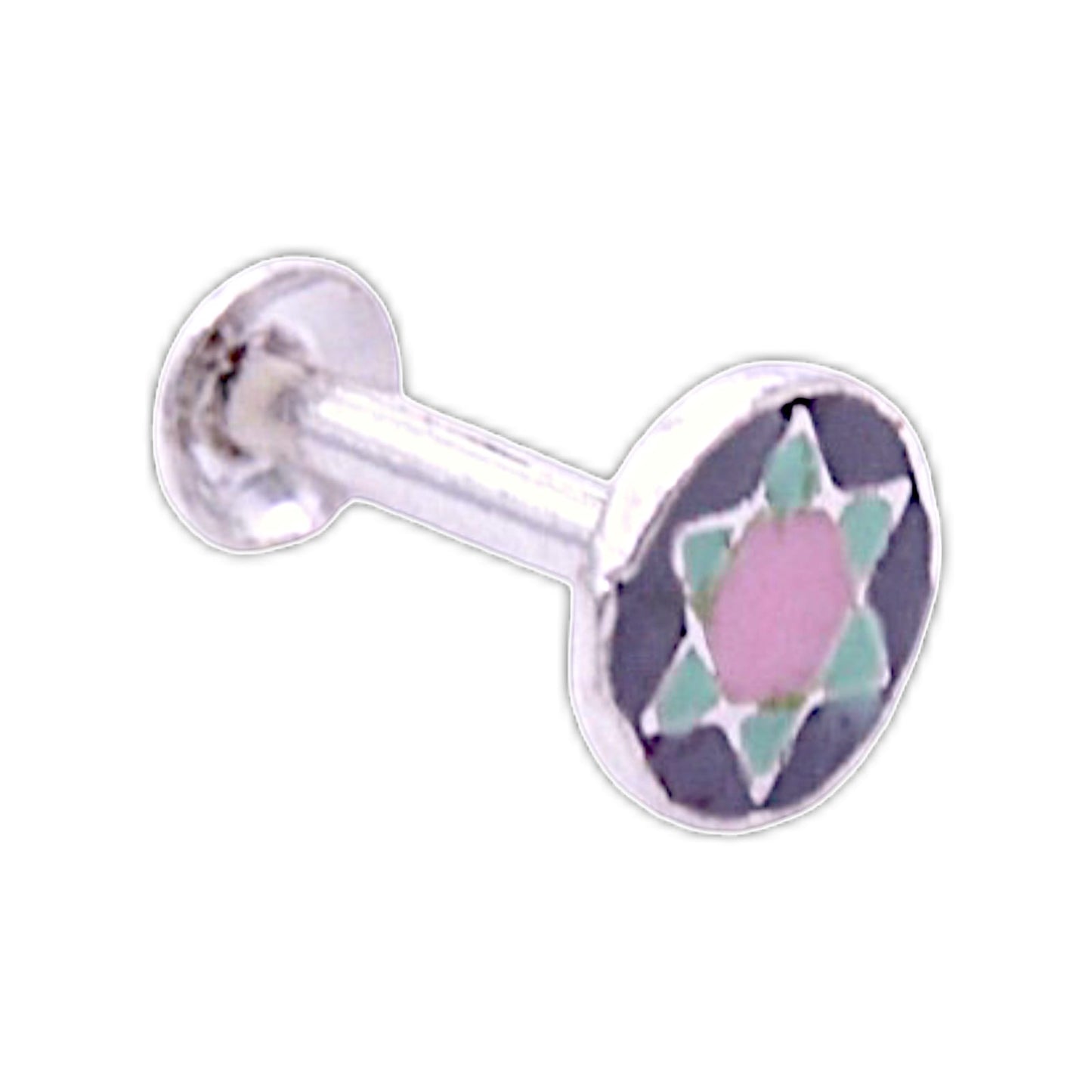 Pink and Green Star In Grey Circle Nose Pin