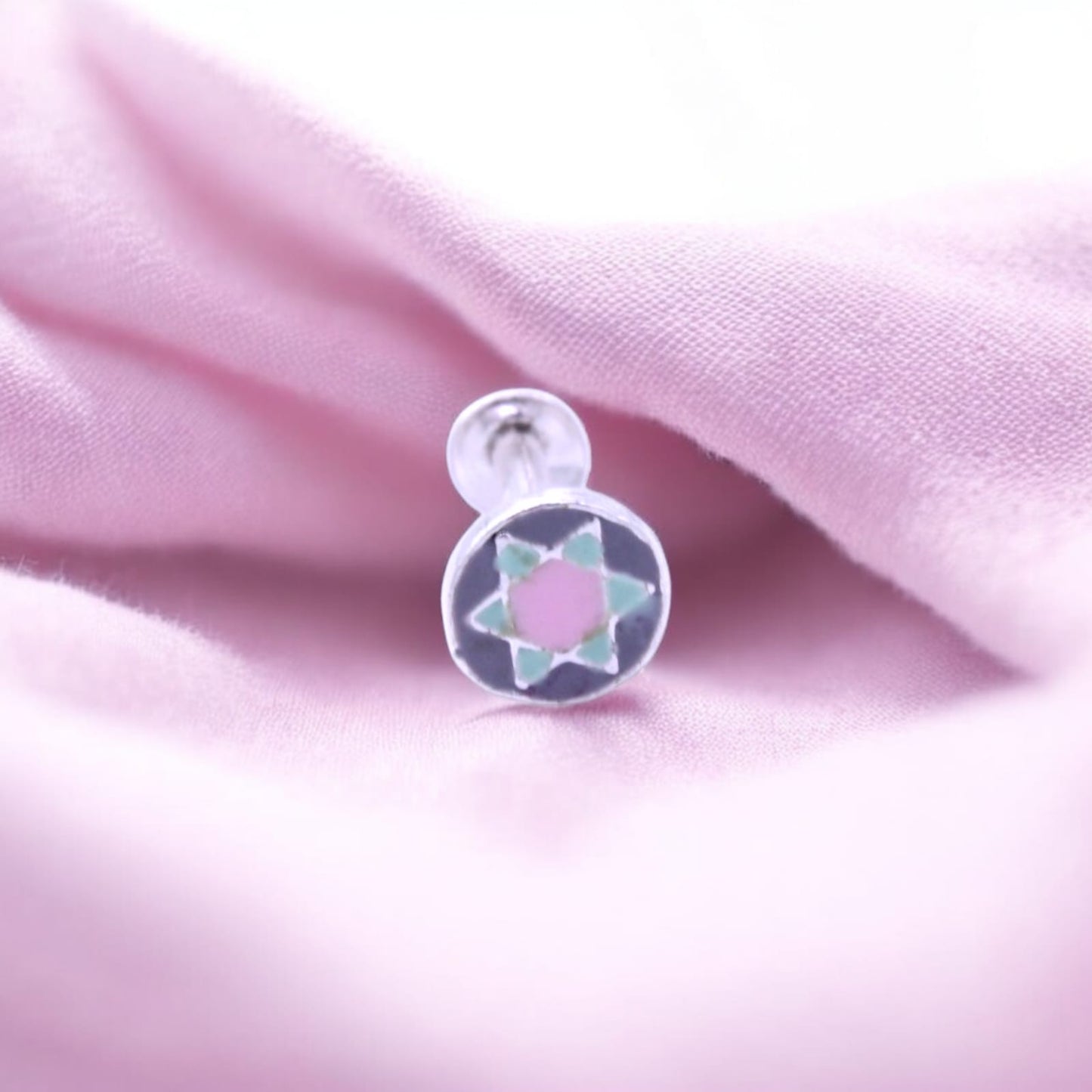 Pink and Green Star In Grey Circle Nose Pin