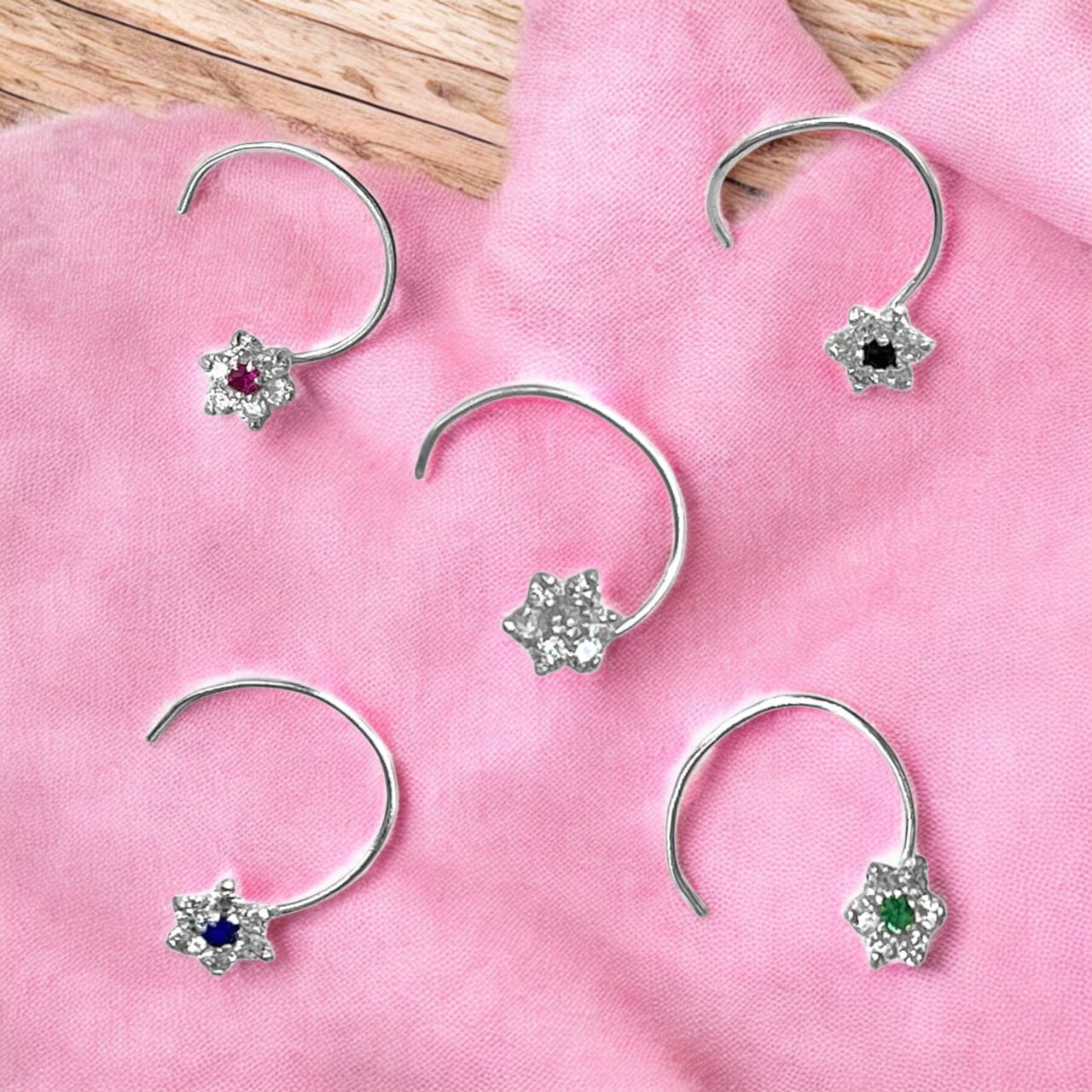 CZ Rhodium Plated Flower Shape Multicolor Stone Nose Pin