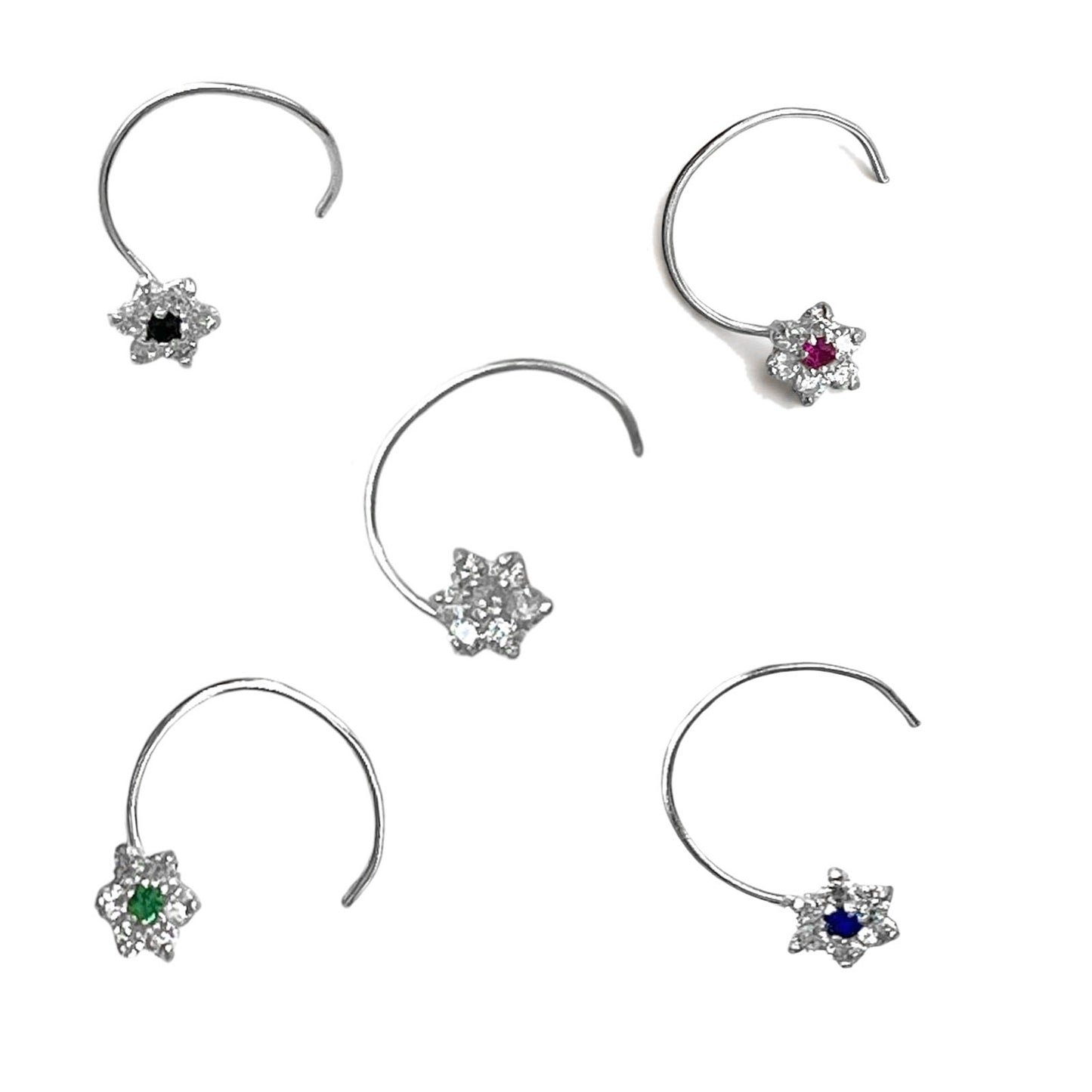 CZ Rhodium Plated Flower Shape Multicolor Stone Nose Pin