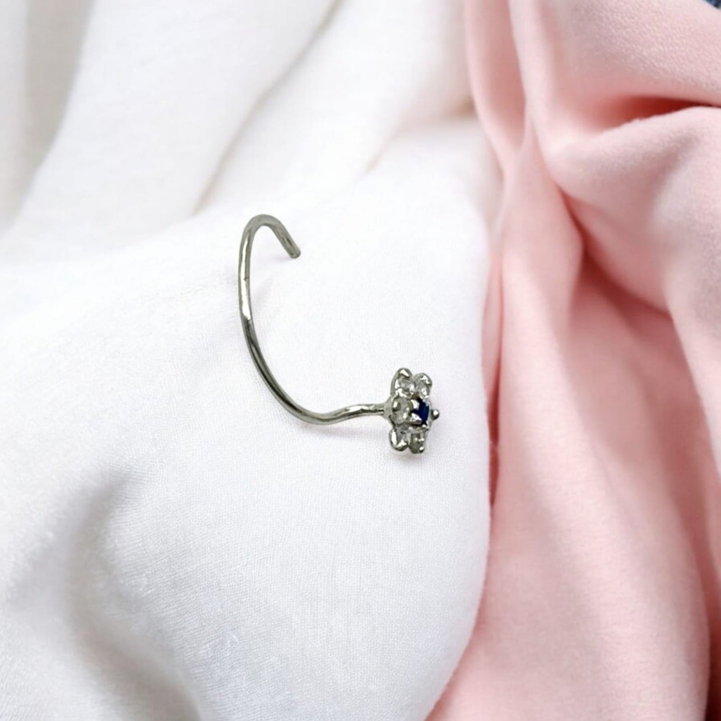 CZ Rhodium Plated Flower Shape With Blue Stone Nose Pin