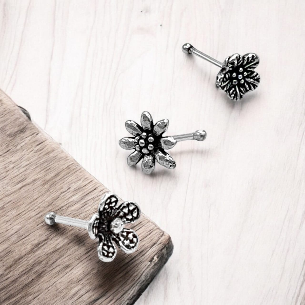 Silver Flower Nose Pin With Wire Set of 3