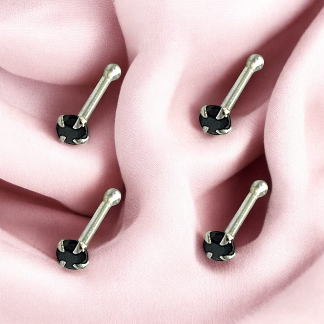 CZ Rhodium Plated With Black Stone Nose Pin Set of 4