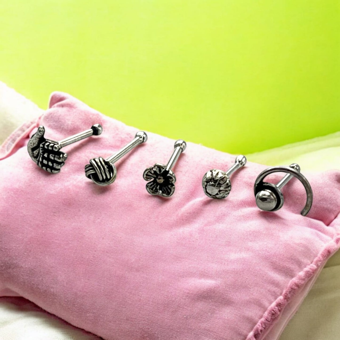 Silver Nose Pin With Wire Set of 5