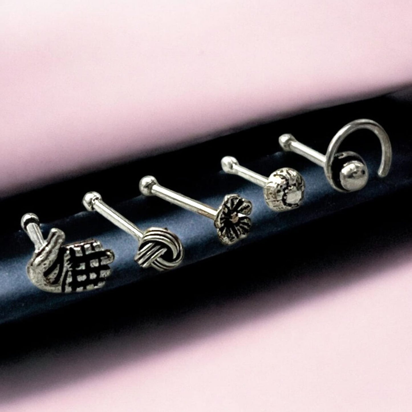 Silver Nose Pin With Wire Set of 5