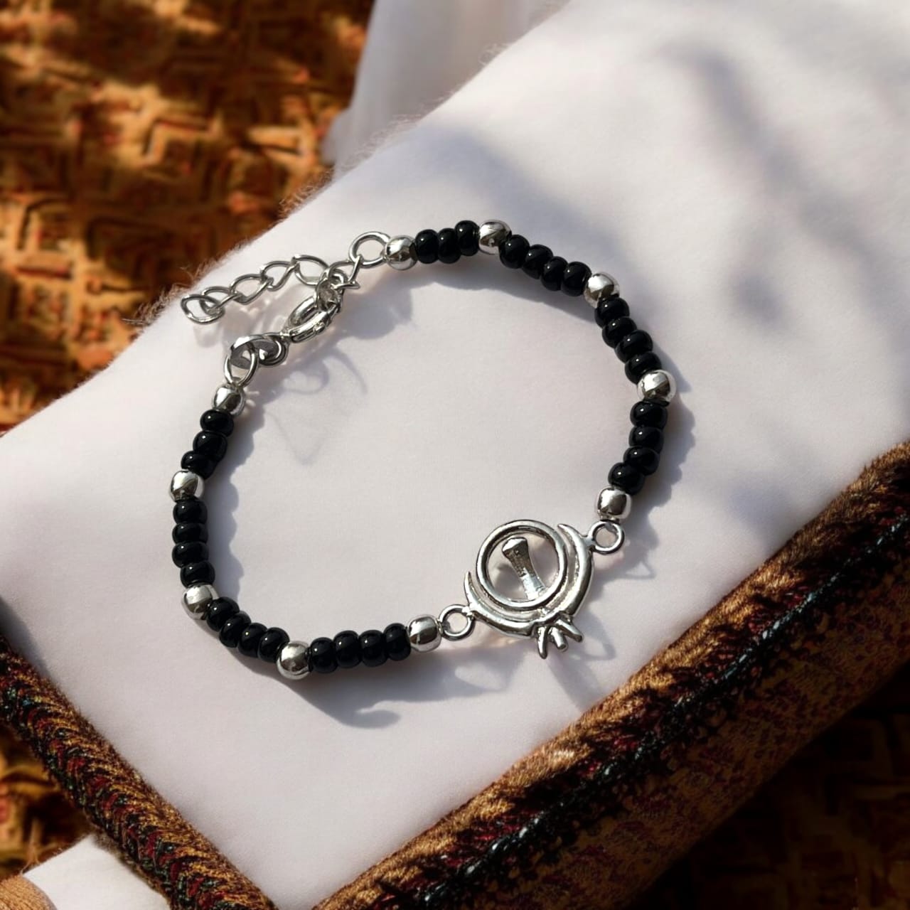 Silver Beads And Black Crystal Khanda Nazariya