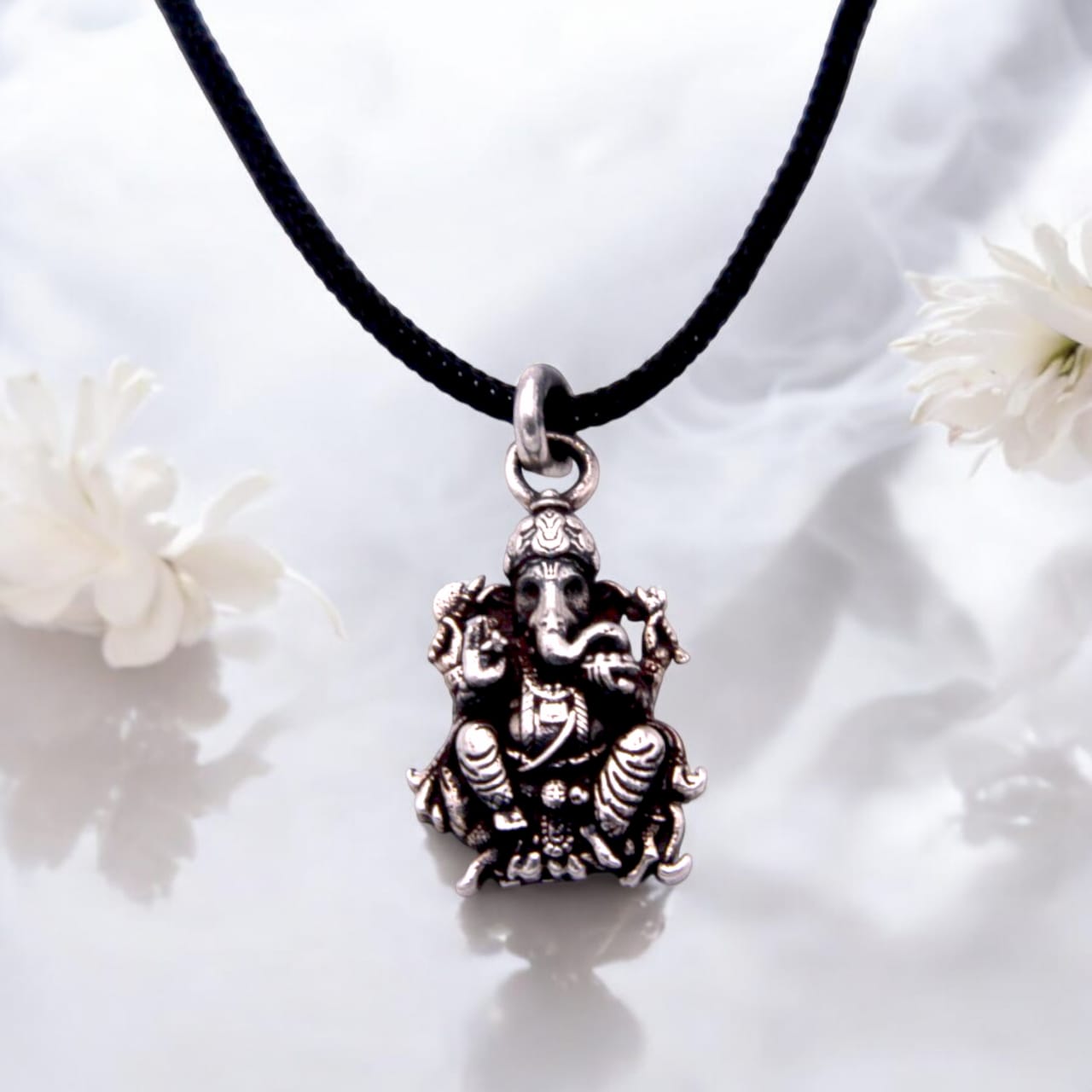 Silver Oxidised Ganesha Pendant With Black Thread