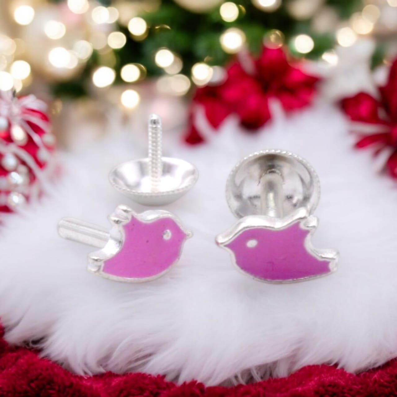Pink Enamel Bird Shape Earring For Kids Girls