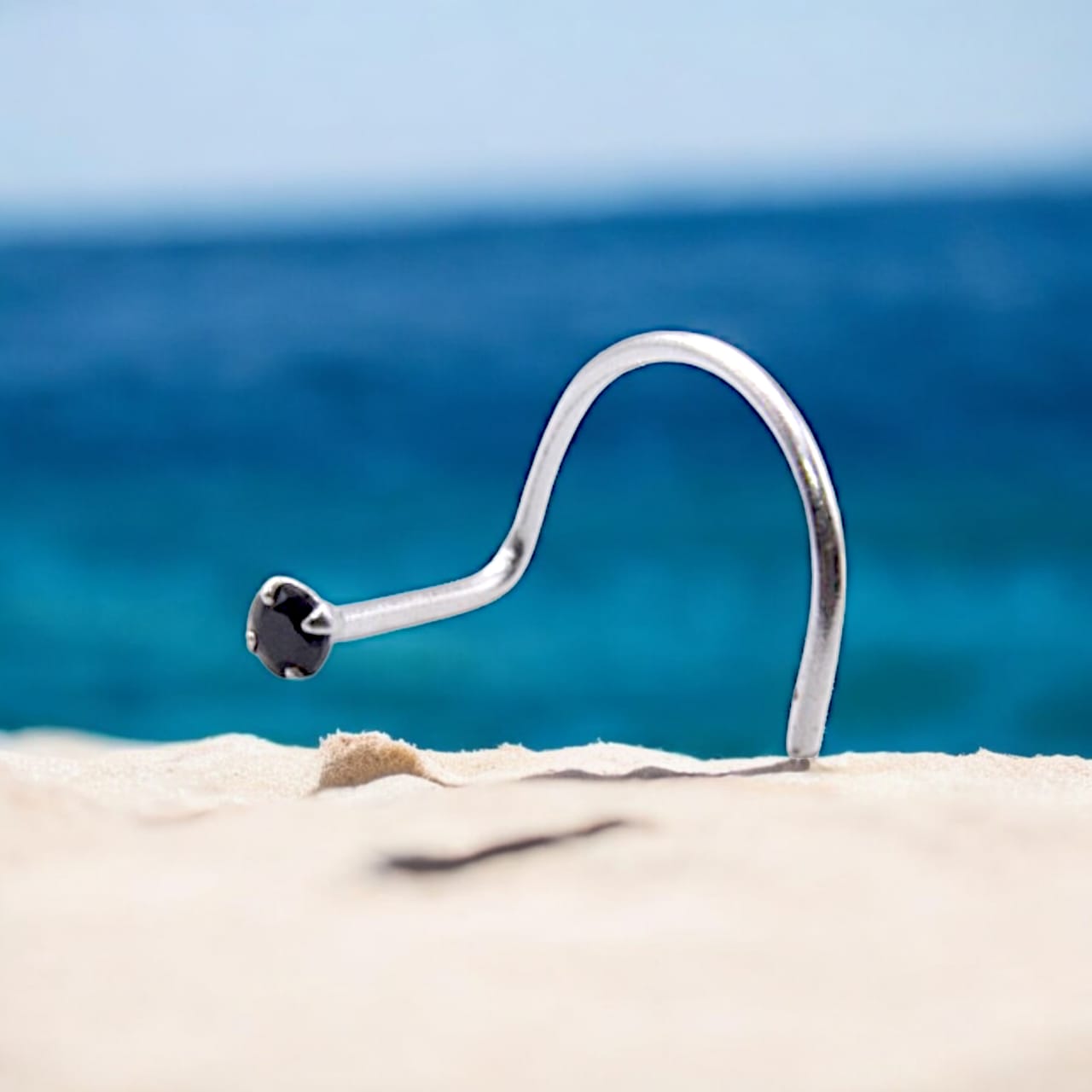CZ Rhodium Plated Black Stone Nose Pin Wire