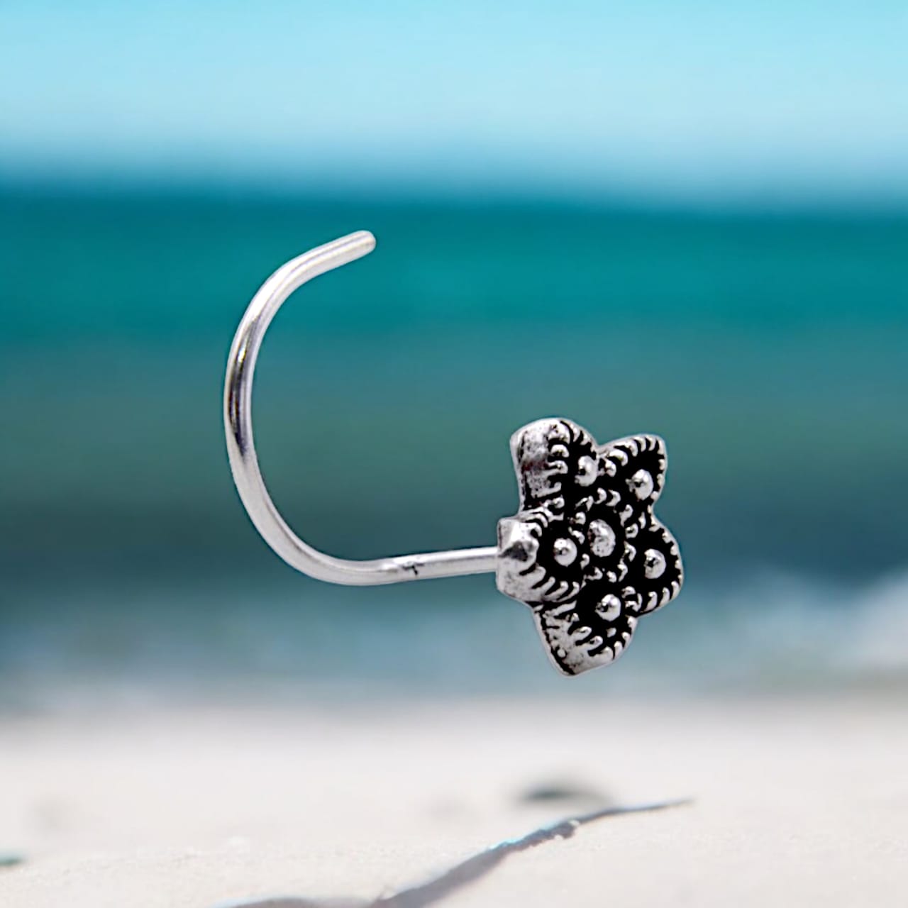Flower Shape Oxidised Nose Pin Wire