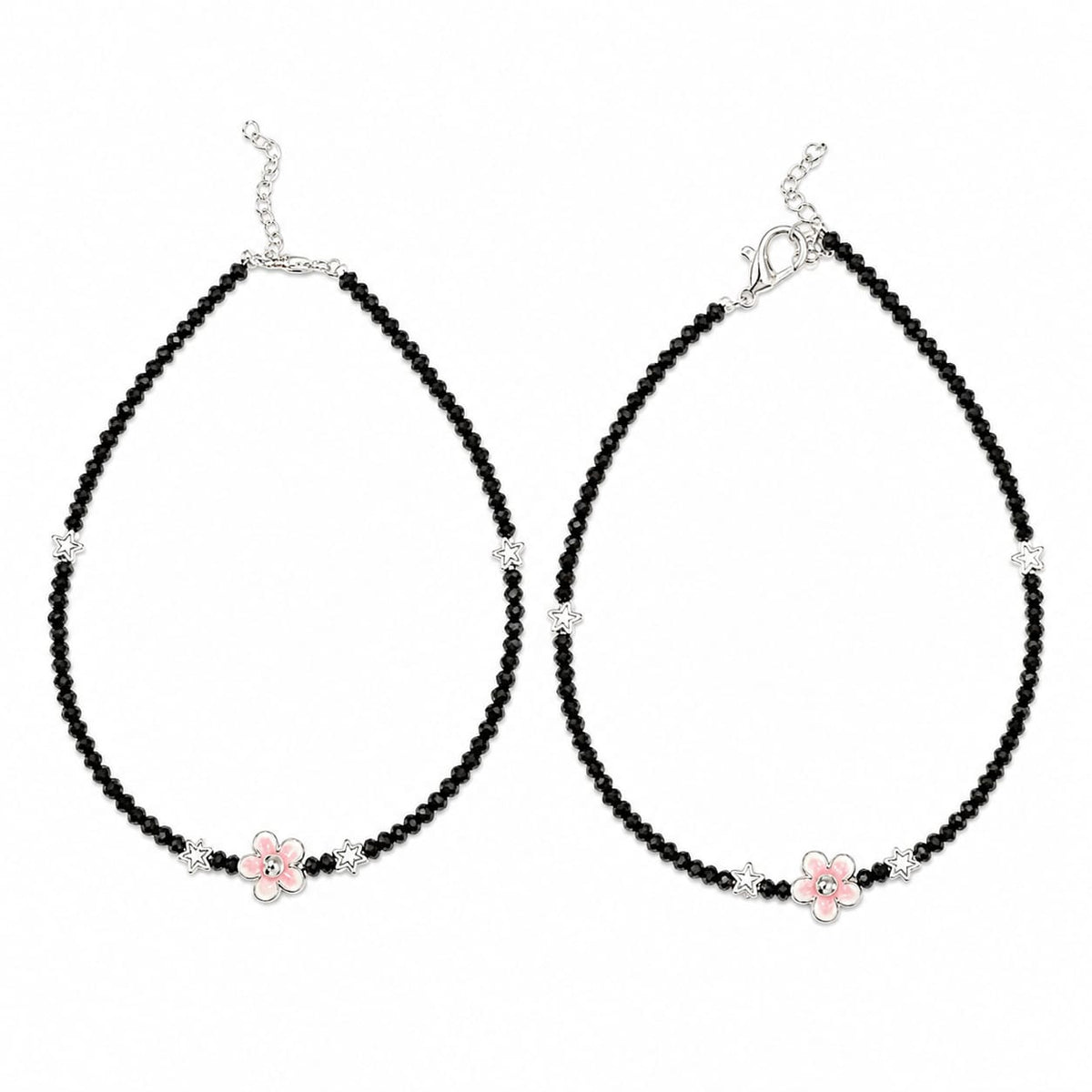Black Beaded Silver-Tone Pink Flower Charm Anklet Pair for Girls