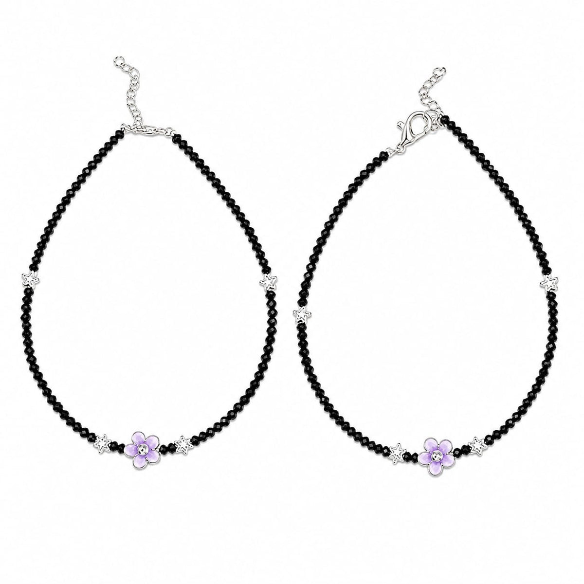 Black Beaded Silver-Tone Purple Flower Charm Anklet Pair for Girls