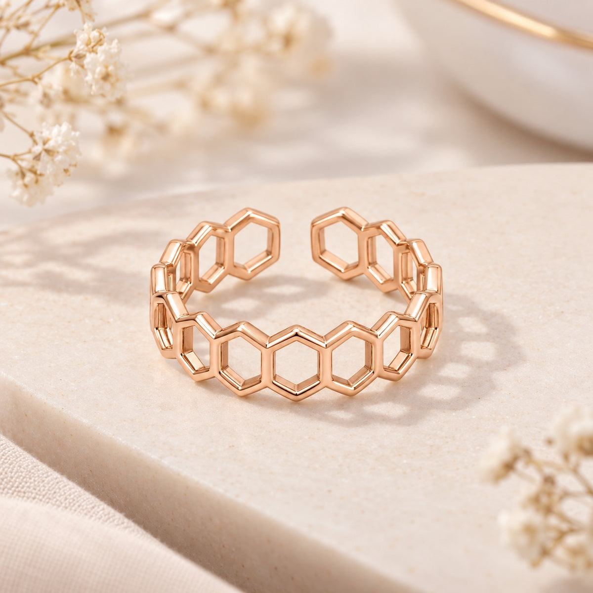 Rose Gold Plated Interlocking Hexagon Adjustable Ring