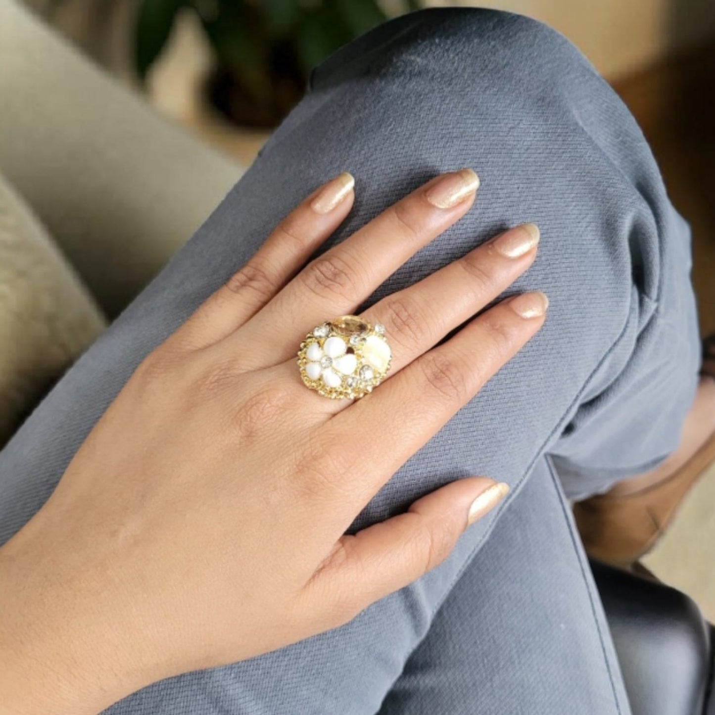 Gold Plated Floral Crystal Ring